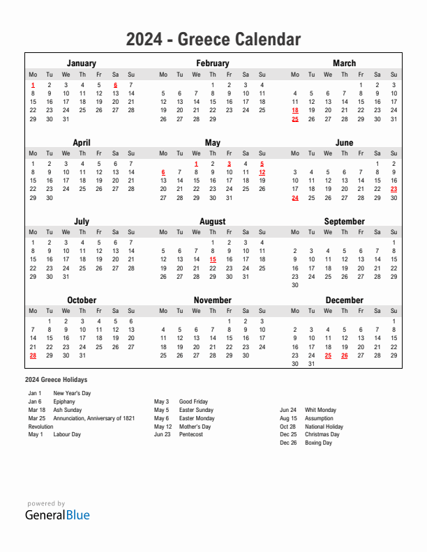 Year 2024 Simple Calendar With Holidays in Greece