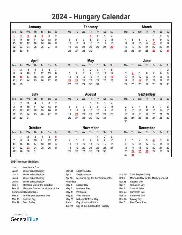 Year 2024 Simple Calendar With Holidays in Hungary