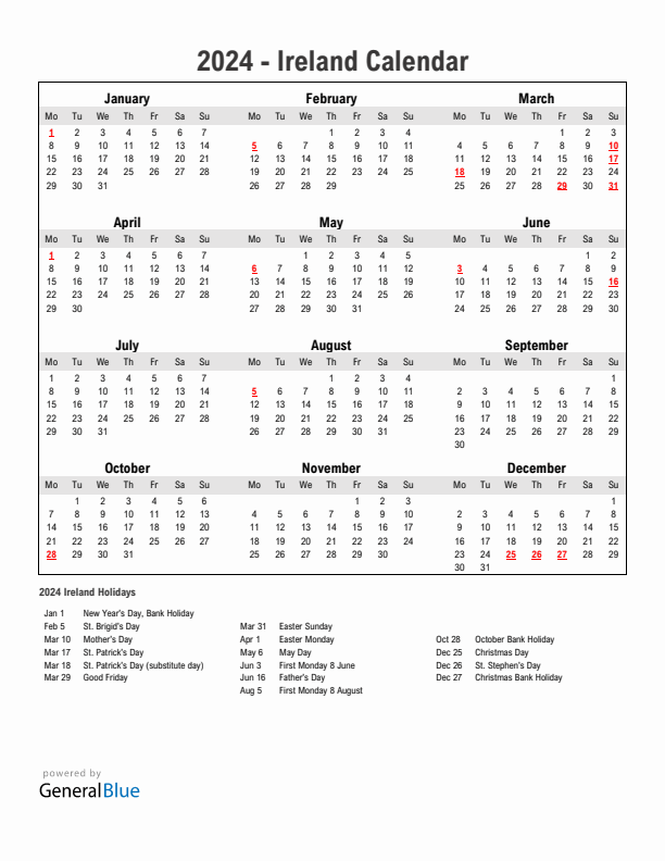 Year 2024 Simple Calendar With Holidays in Ireland