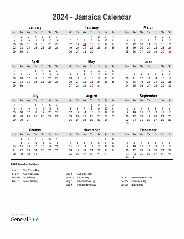 Year 2024 Simple Calendar With Holidays in Jamaica