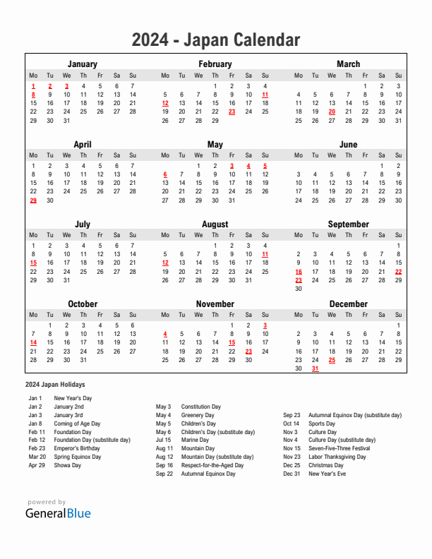 Year 2024 Simple Calendar With Holidays in Japan