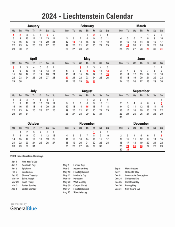 Year 2024 Simple Calendar With Holidays in Liechtenstein