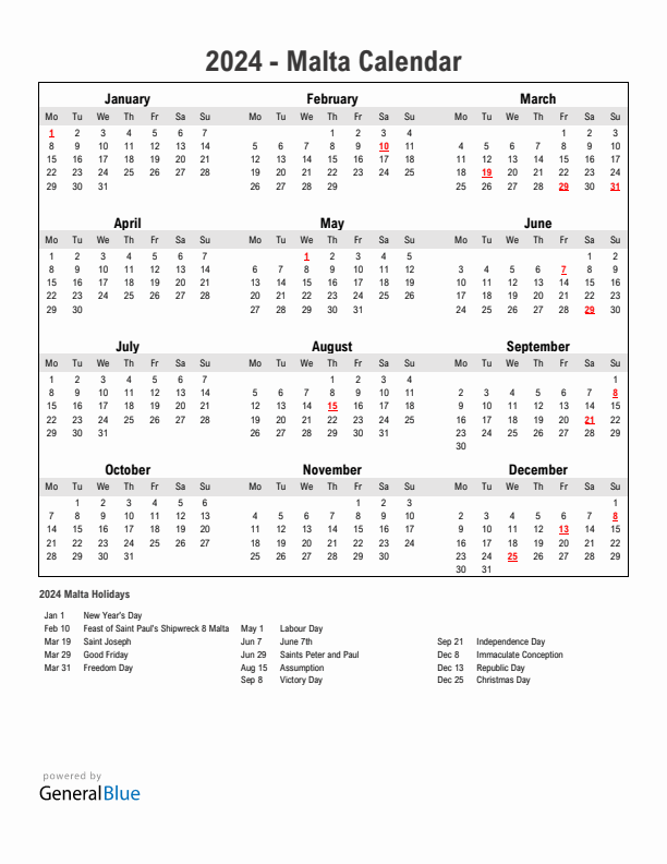 Year 2024 Simple Calendar With Holidays in Malta