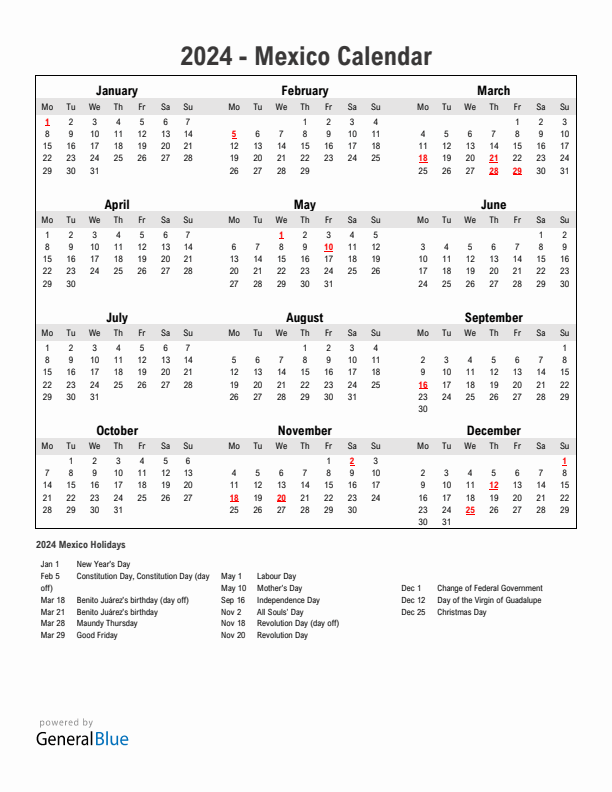 Year 2024 Simple Calendar With Holidays in Mexico