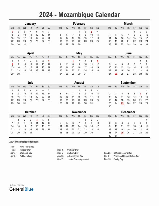 Year 2024 Simple Calendar With Holidays in Mozambique