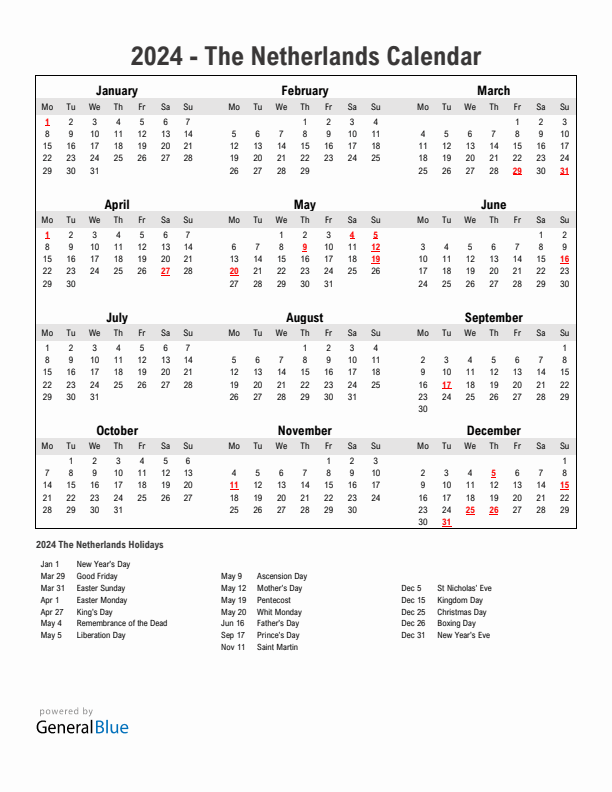 Year 2024 Simple Calendar With Holidays in The Netherlands