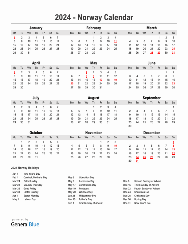 Year 2024 Simple Calendar With Holidays in Norway