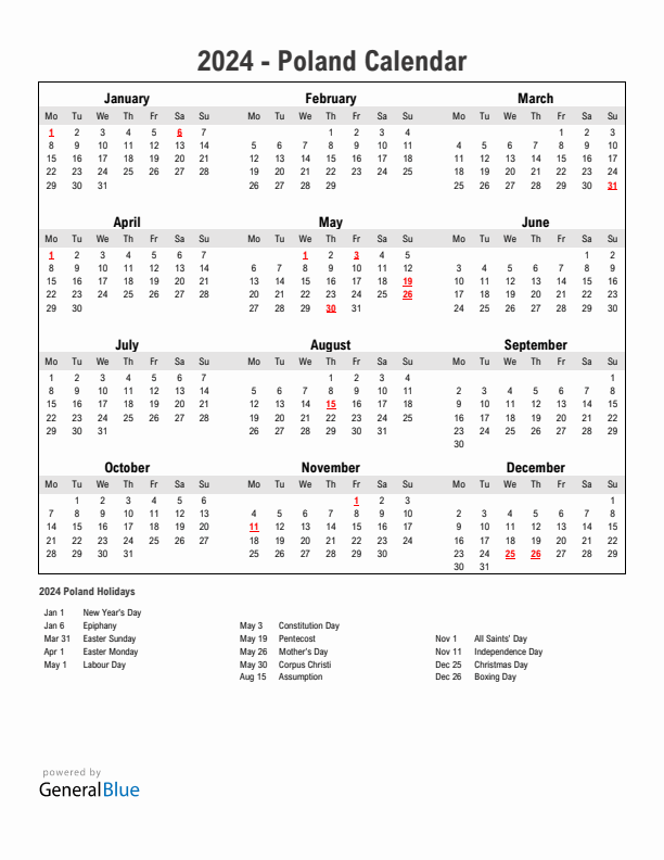 Year 2024 Simple Calendar With Holidays in Poland