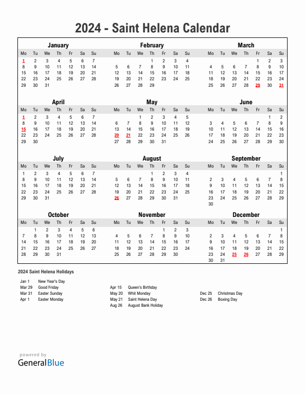 Year 2024 Simple Calendar With Holidays in Saint Helena