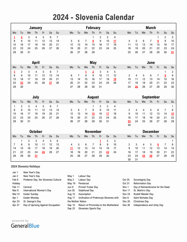 Year 2024 Simple Calendar With Holidays in Slovenia