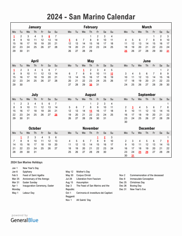 Year 2024 Simple Calendar With Holidays in San Marino