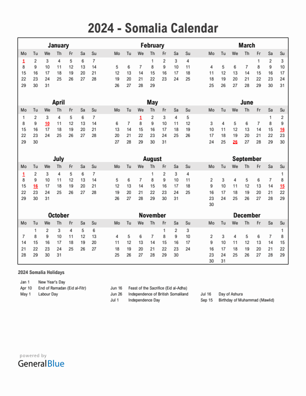 Year 2024 Simple Calendar With Holidays in Somalia