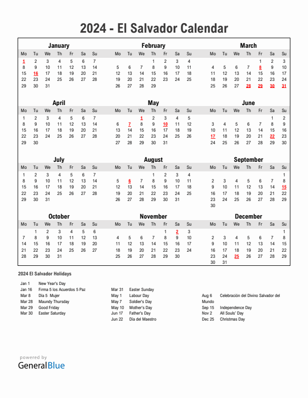 Year 2024 Simple Calendar With Holidays in El Salvador