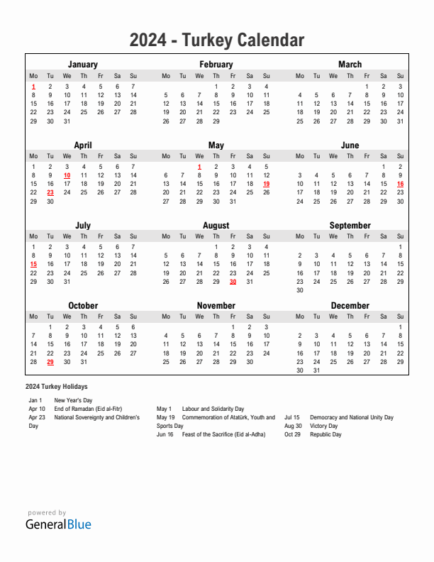 Year 2024 Simple Calendar With Holidays in Turkey