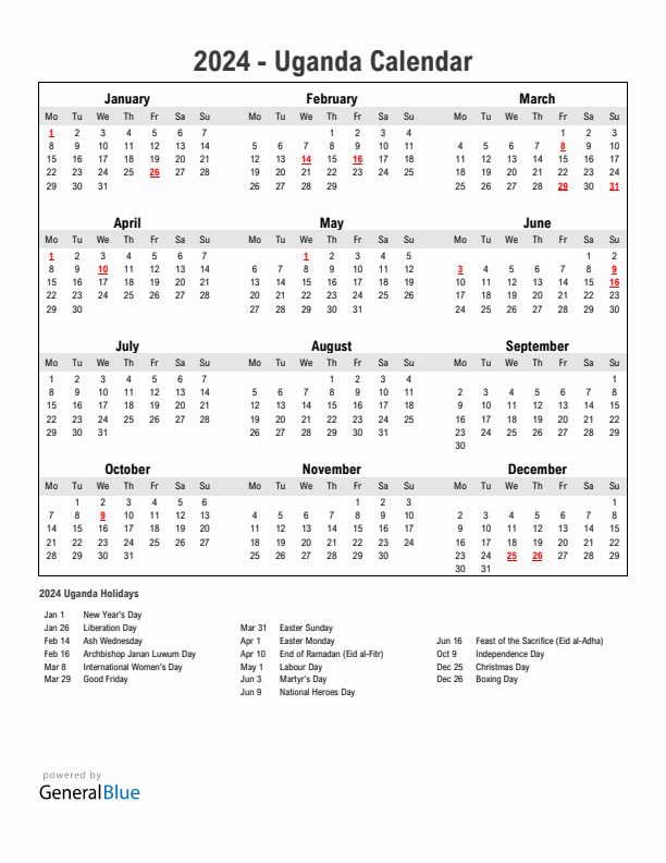 Year 2024 Simple Calendar With Holidays in Uganda