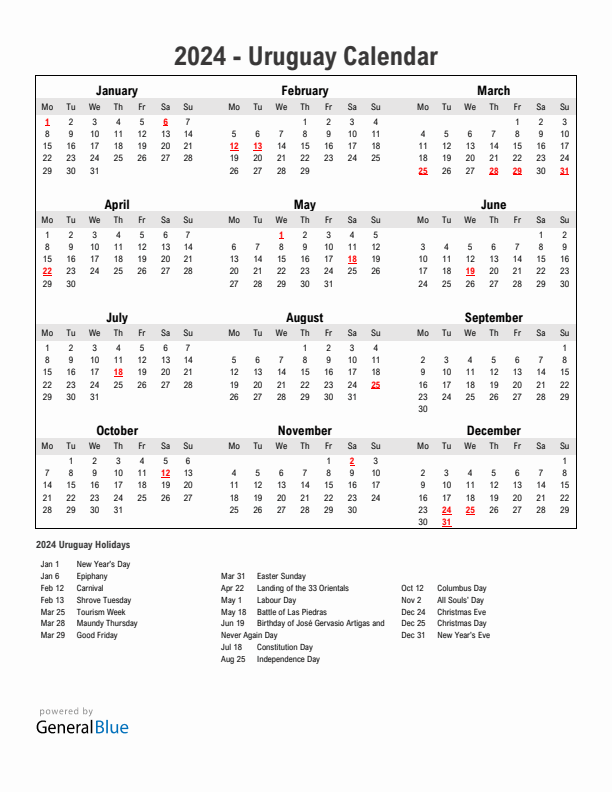 Year 2024 Simple Calendar With Holidays in Uruguay