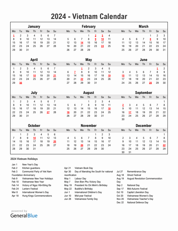 Year 2024 Simple Calendar With Holidays in Vietnam