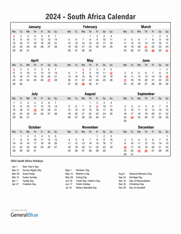 Year 2024 Simple Calendar With Holidays in South Africa