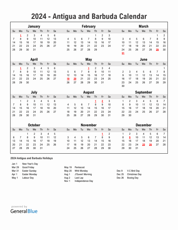 Year 2024 Simple Calendar With Holidays in Antigua and Barbuda