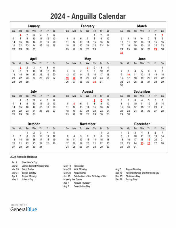 Year 2024 Simple Calendar With Holidays in Anguilla