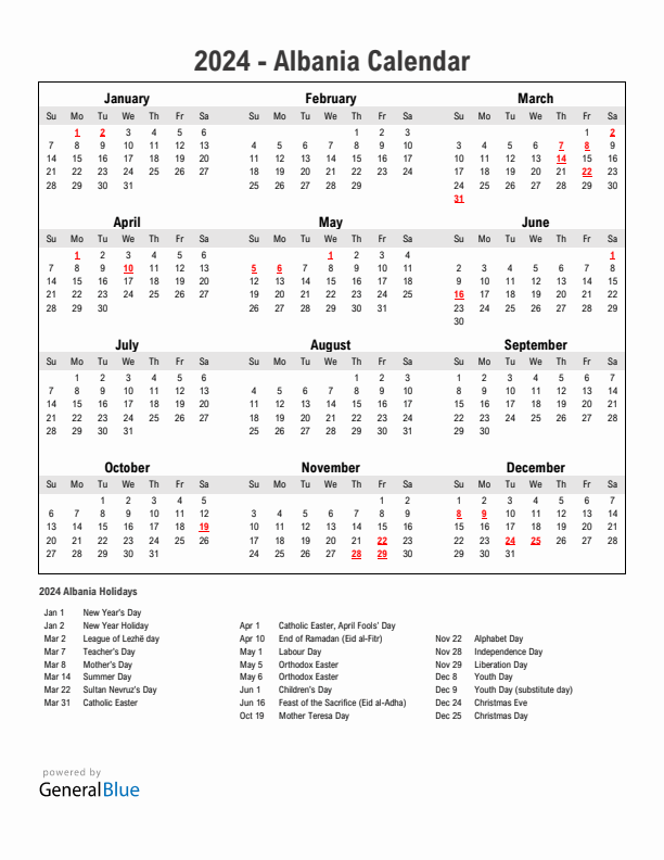 Year 2024 Simple Calendar With Holidays in Albania