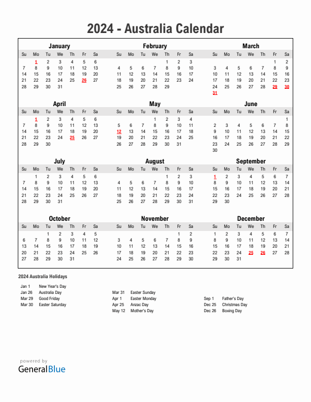 Year 2024 Simple Calendar With Holidays in Australia