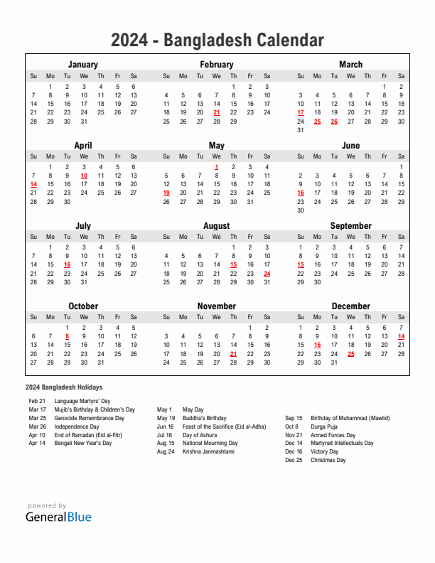 Year 2024 Simple Calendar With Holidays in Bangladesh