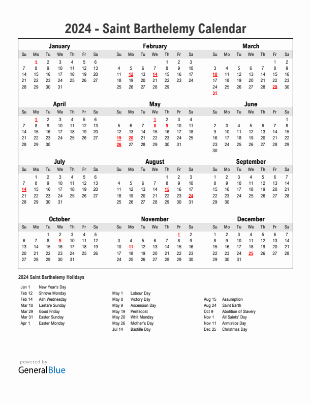 Year 2024 Simple Calendar With Holidays in Saint Barthelemy