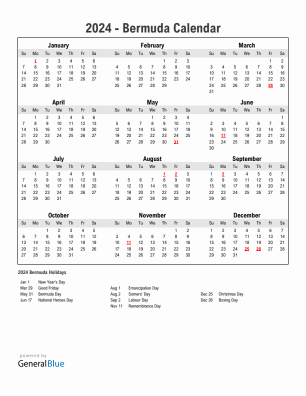 Year 2024 Simple Calendar With Holidays in Bermuda