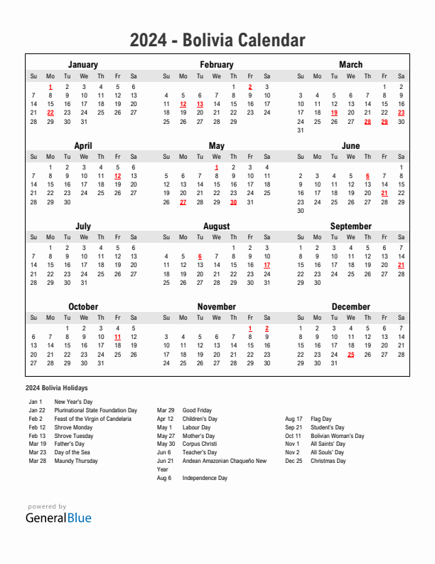 Year 2024 Simple Calendar With Holidays in Bolivia