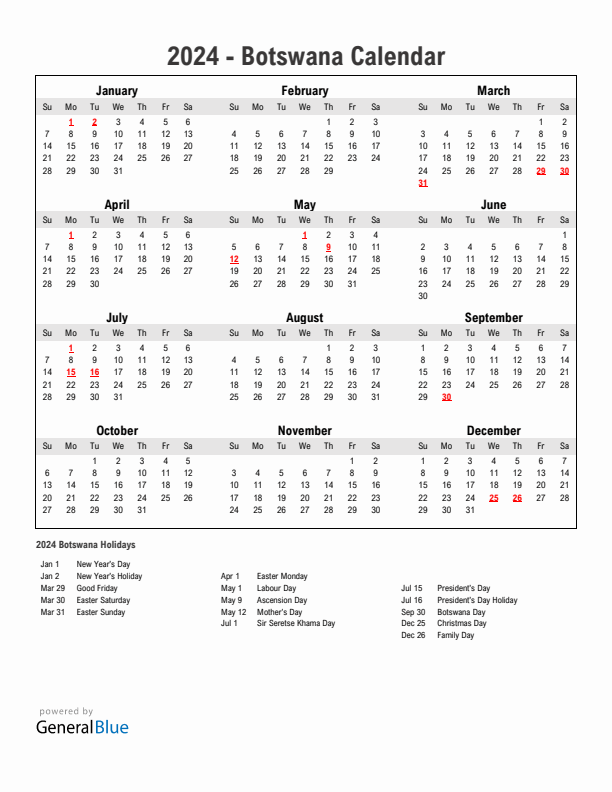 Year 2024 Simple Calendar With Holidays in Botswana