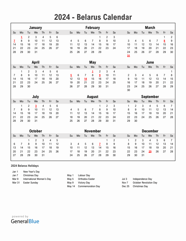 Year 2024 Simple Calendar With Holidays in Belarus