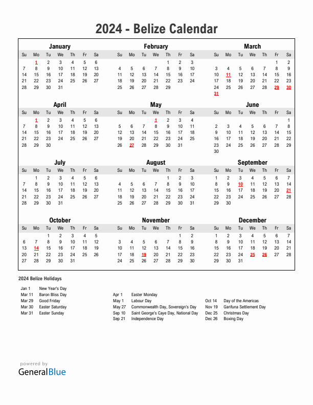 Year 2024 Simple Calendar With Holidays in Belize