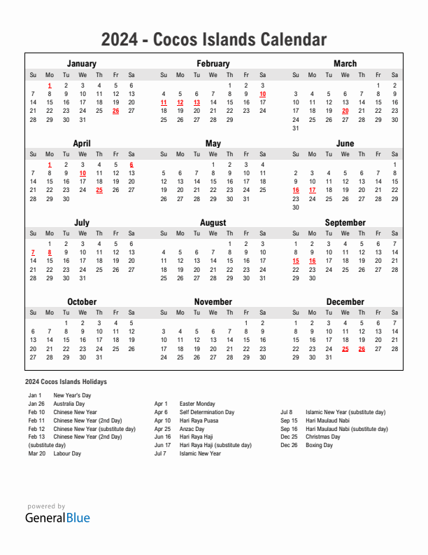 Year 2024 Simple Calendar With Holidays in Cocos Islands