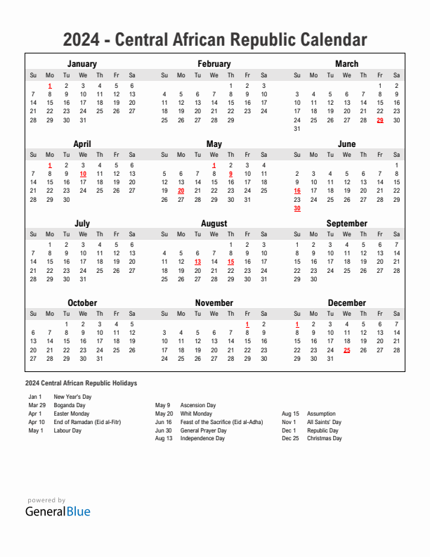 Year 2024 Simple Calendar With Holidays in Central African Republic