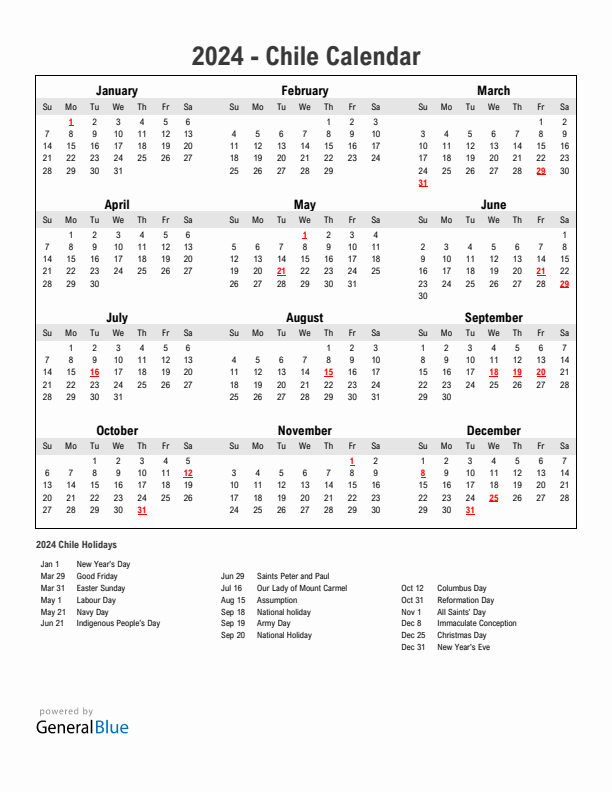 Year 2024 Simple Calendar With Holidays in Chile