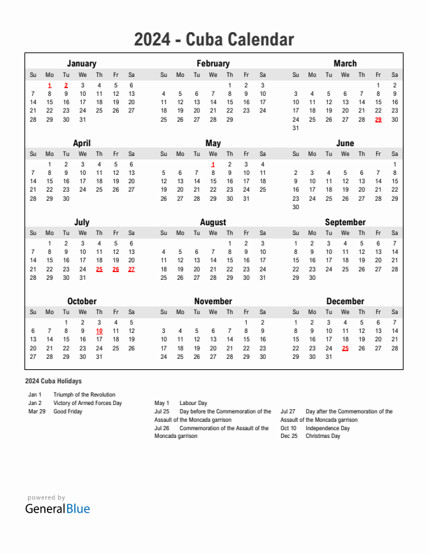 Year 2024 Simple Calendar With Holidays in Cuba