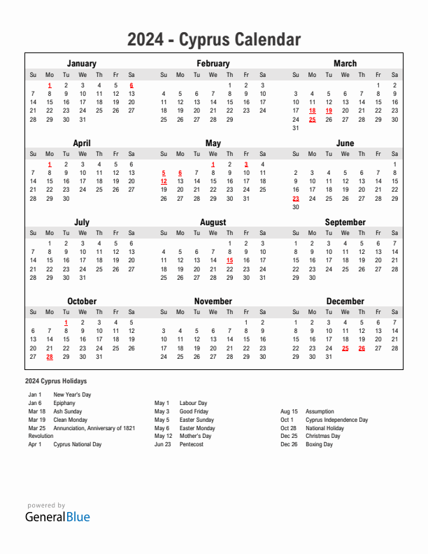 Year 2024 Simple Calendar With Holidays in Cyprus