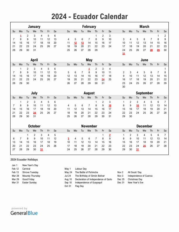 Year 2024 Simple Calendar With Holidays in Ecuador