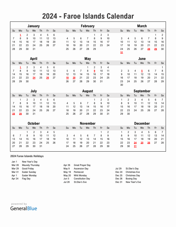 Year 2024 Simple Calendar With Holidays in Faroe Islands