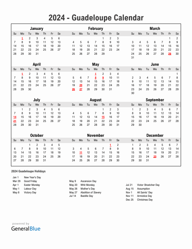 Year 2024 Simple Calendar With Holidays in Guadeloupe