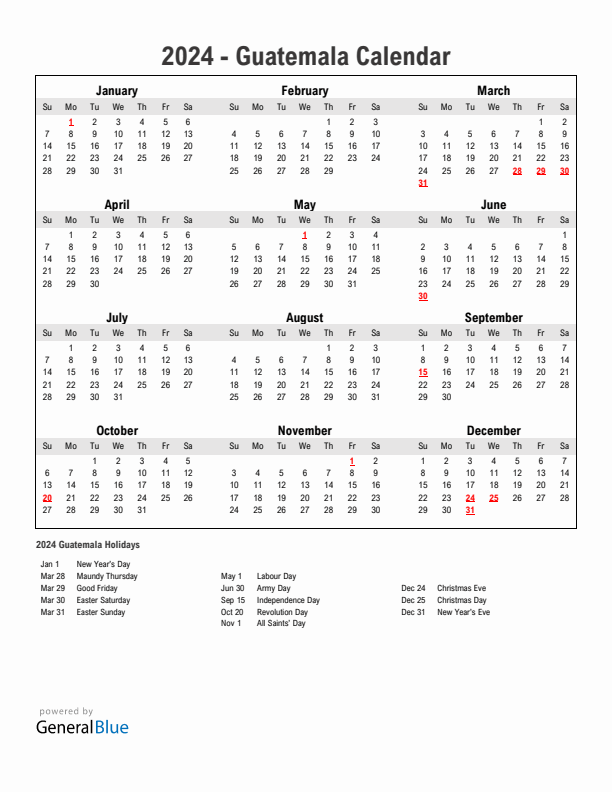 Year 2024 Simple Calendar With Holidays in Guatemala