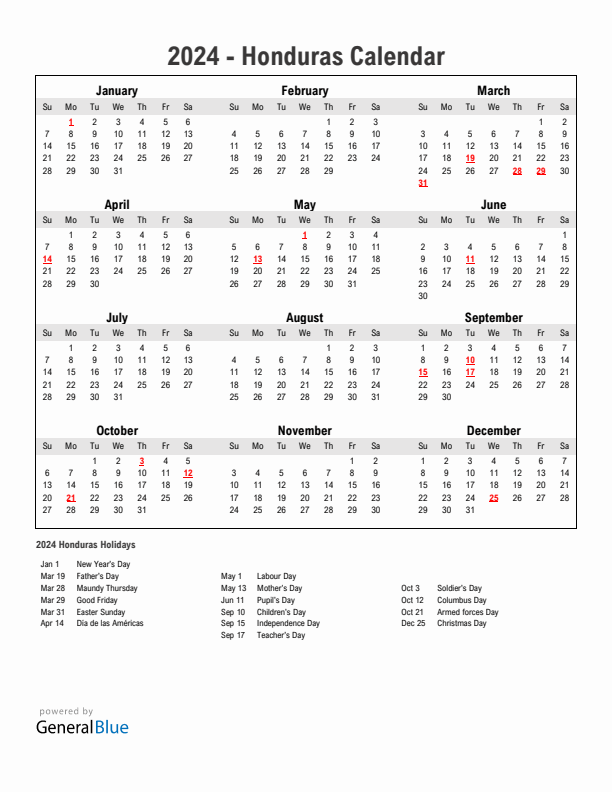 Year 2024 Simple Calendar With Holidays in Honduras