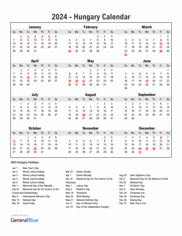 Year 2024 Simple Calendar With Holidays in Hungary