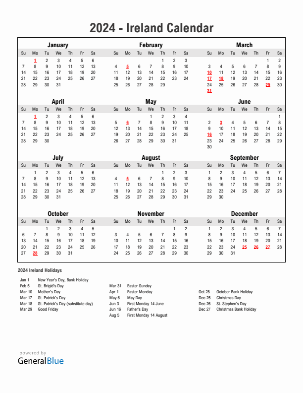 Year 2024 Simple Calendar With Holidays in Ireland