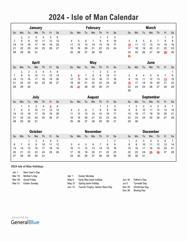 Year 2024 Simple Calendar With Holidays in Isle of Man