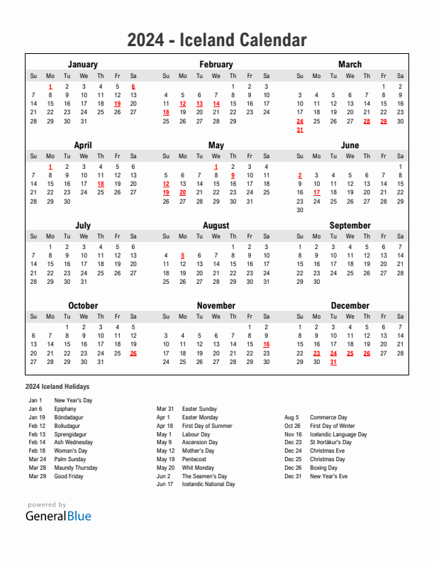 Year 2024 Simple Calendar With Holidays in Iceland