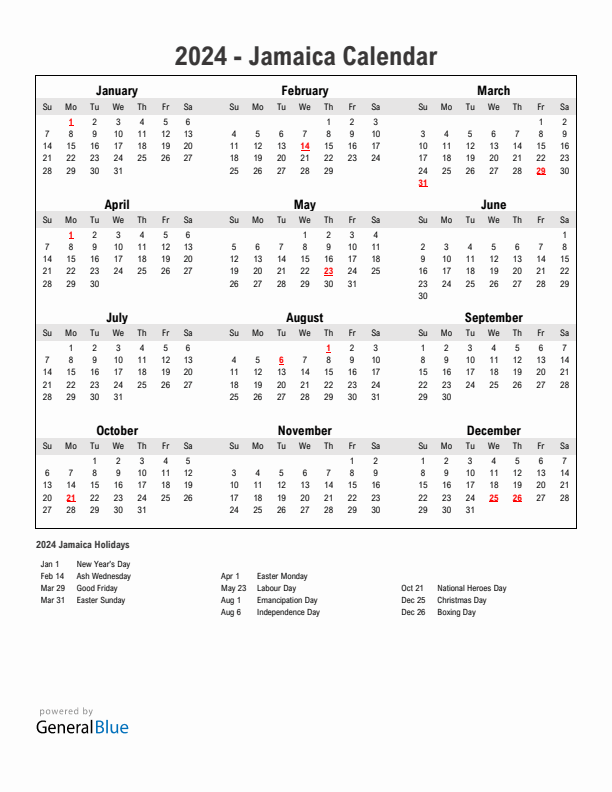 Year 2024 Simple Calendar With Holidays in Jamaica