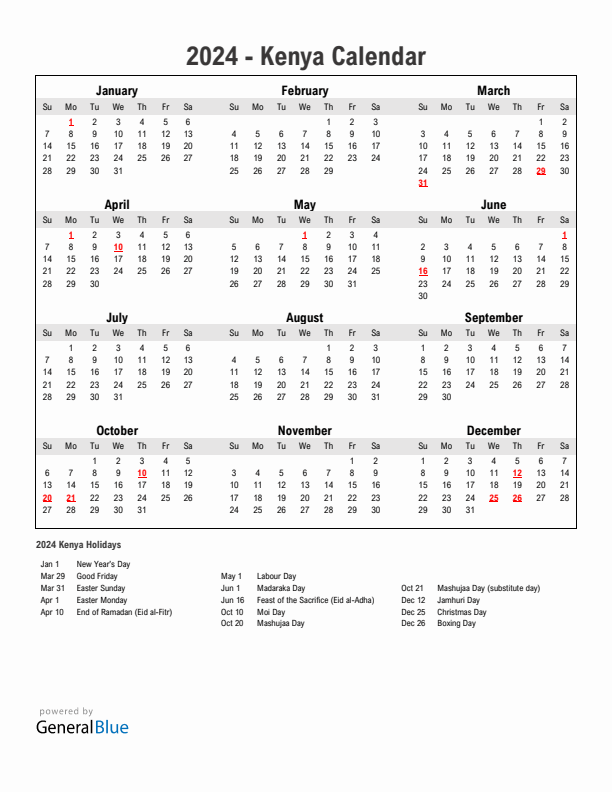 Year 2024 Simple Calendar With Holidays in Kenya