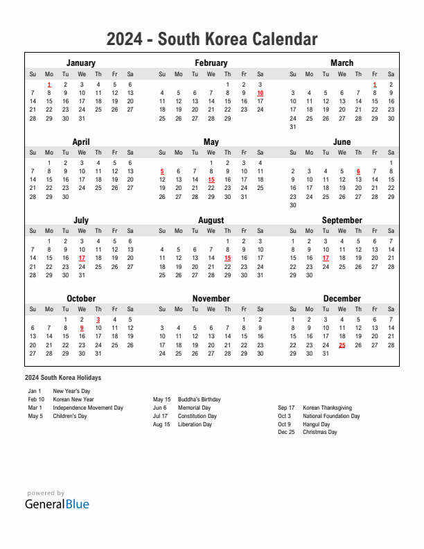 Year 2024 Simple Calendar With Holidays in South Korea